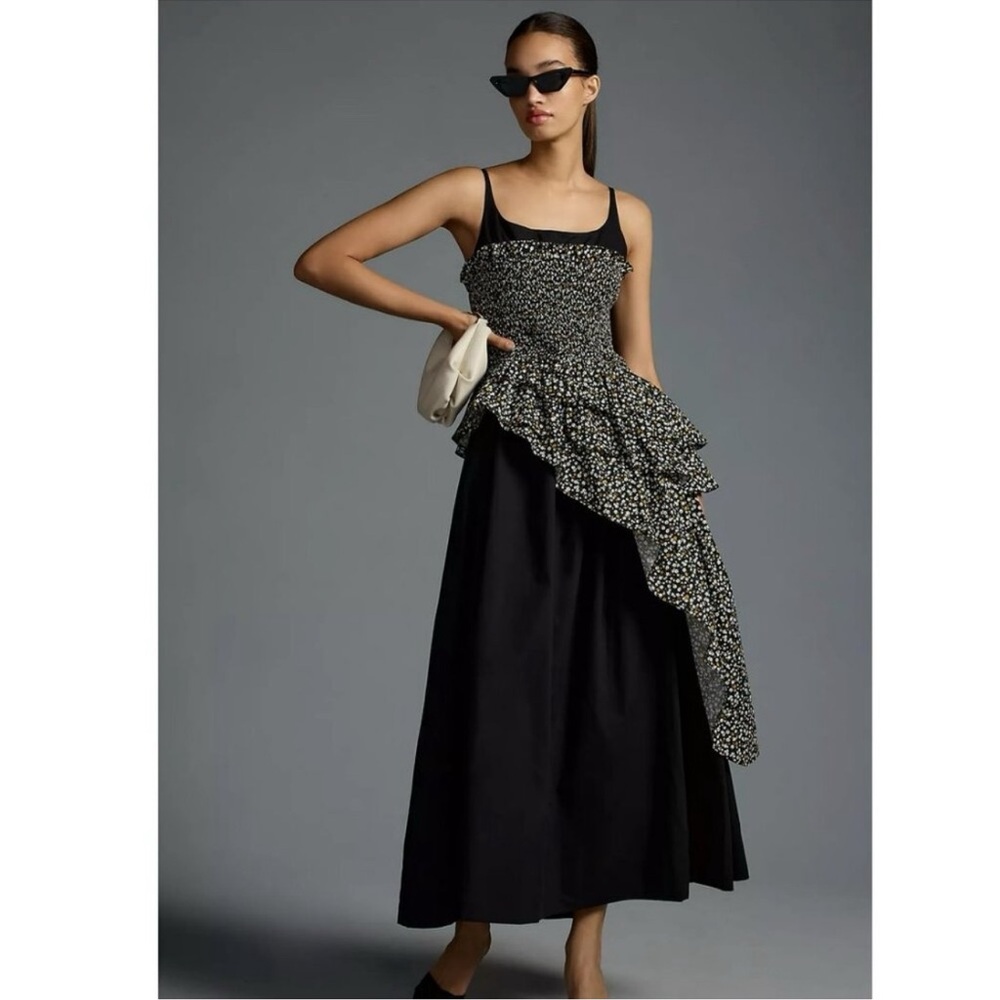 Black Maxi Dress with Floral Ruffle Cascade